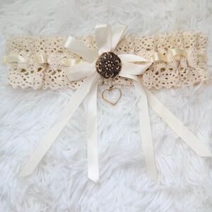 Ivory Lace Bridal Garter Heart Charm Wedding Keepsake
